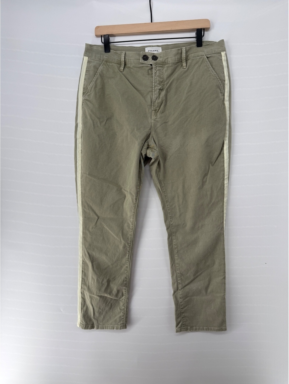 FRAME Women’s 30 Olive Green Chino Pants Side Stripe Slim Straight Cropped